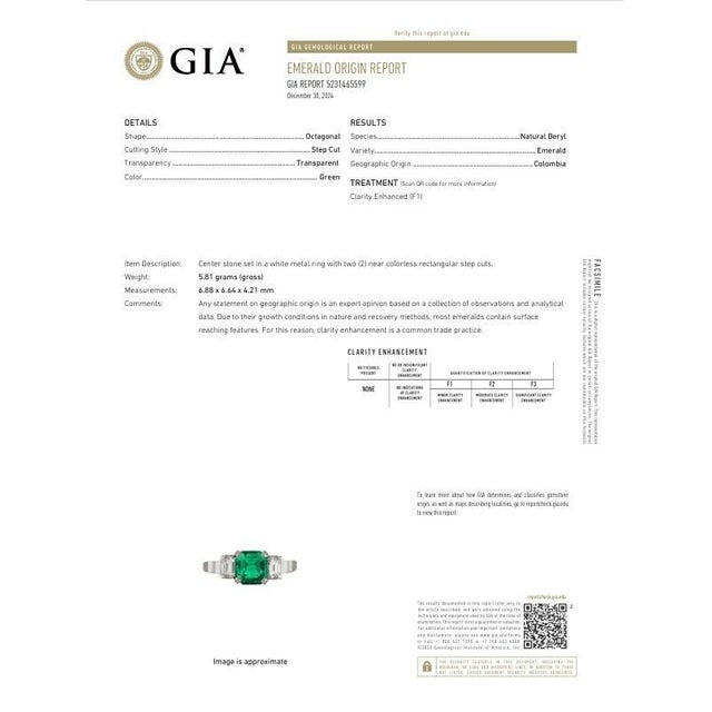 Green 1.26 Carat Old-Mine Colombian Emerald Diamond Platinum Three-Stone Ring, Gia, Size 6.25 For Sale - Image 8 of 8