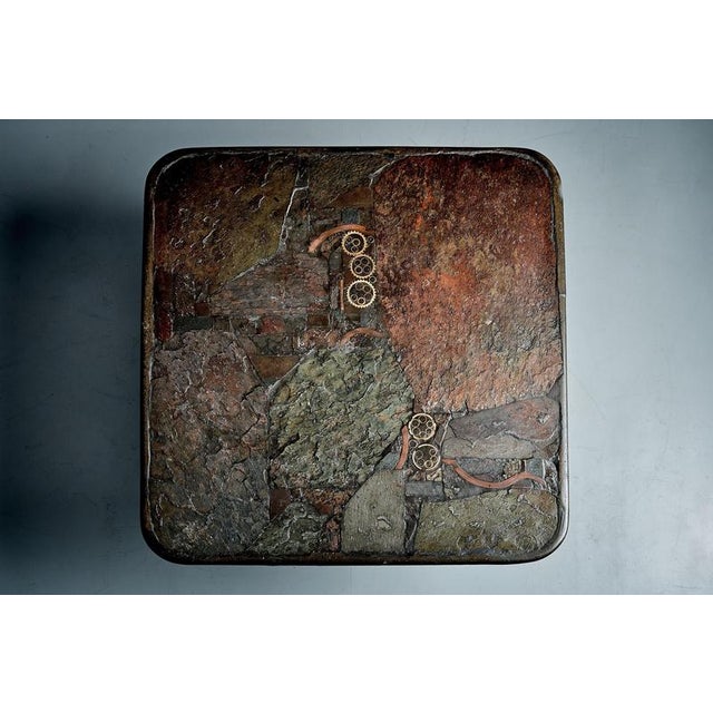 Wood Brutalist Stone and Brass Coffee Table attributed to Marcus Kingma, Netherlands, 1986 For Sale - Image 7 of 12