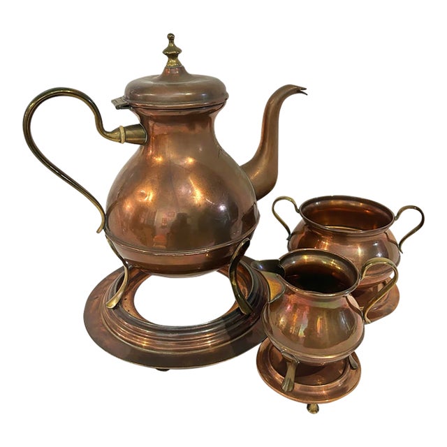 Antique Swedish Oscar Nilsson Eskilstuna Copper & Brass Coffee or Tea Service With Warming Stands - 3 Piece Set For Sale