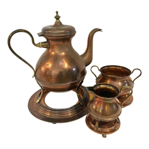 Antique Swedish Oscar Nilsson Eskilstuna Copper & Brass Coffee or Tea Service With Warming Stands - 3 Piece Set