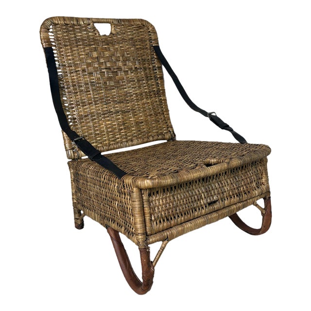 Vintage Woven Rattan and Leather Field Chair For Sale