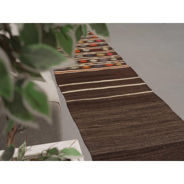 Brown 1970s Vintage Handmade Wool Cotton Brown Kilim Runner Rug For Sale - Image 8 of 11