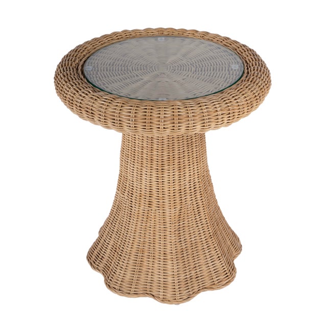 Flora 22 in. W Round Rattan Scalloped Edge End table, Natural Rattan For Sale In Chicago - Image 6 of 6
