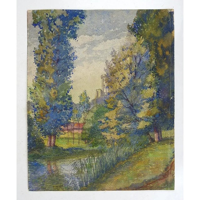 Early 20th Century French Forest Castle Watercolor Painting For Sale - Image 4 of 6
