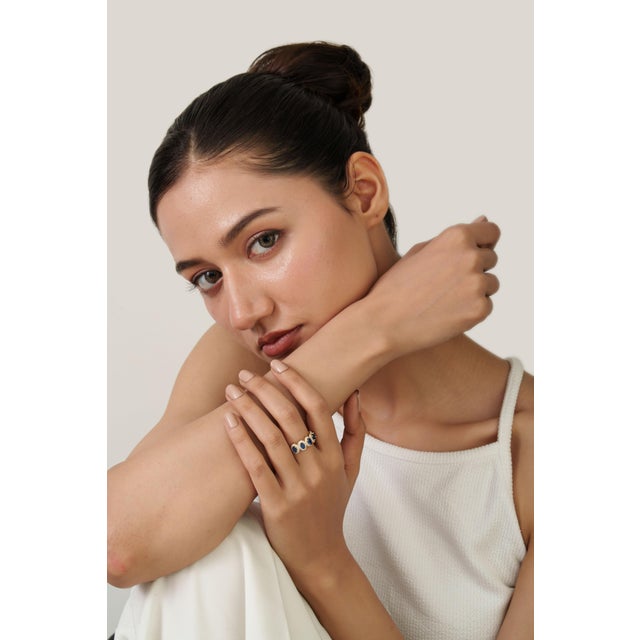 Modern Deep Blue Sapphire & Diamond Halo Half Eternity Ring Size 5.5 in 14k Gold For Sale - Image 11 of 15