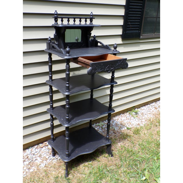 Wood Antique Eastlake Black Ebonized Etagere Bookcase Display Shelves Rack For Sale - Image 7 of 18
