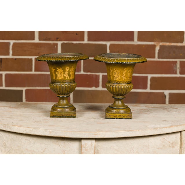 Early 20th Century Early 20th Century Pair of Neoclassical Style Iron Planters with Liners and Mythological Figures For Sale - Image 5 of 12