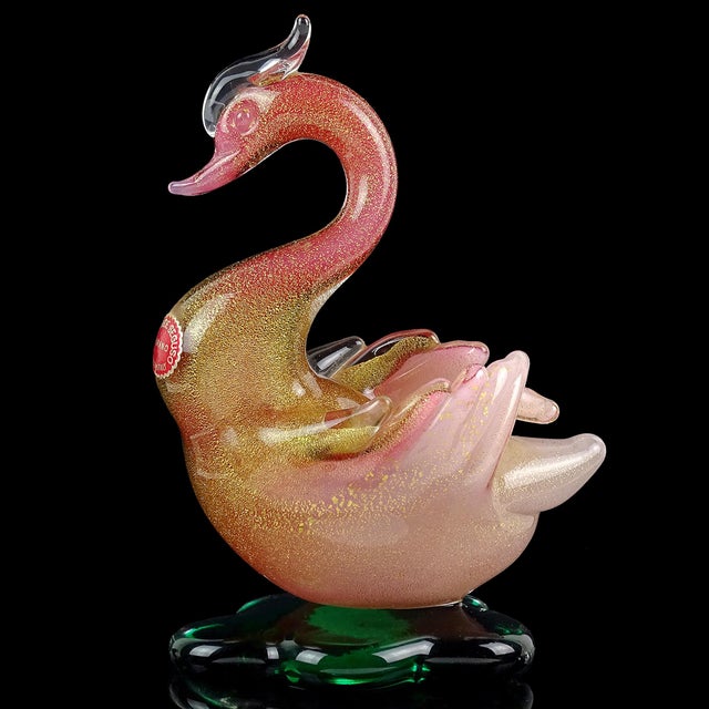 Beautiful vintage Murano hand blown dark pink, opal white, and gold flecks Italian art glass swan sculpture / figurine....
