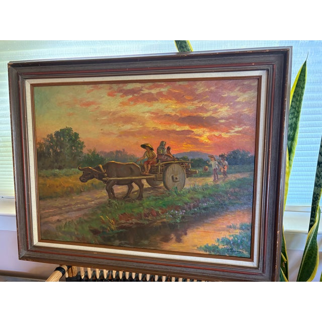 Asian Midcentury Southeast Asian Oil Painting – Carabao Cart at Sunset “Homeward Bound” Signed by Listed Filipino Artist Jose Tinsay For Sale - Image 3 of 12