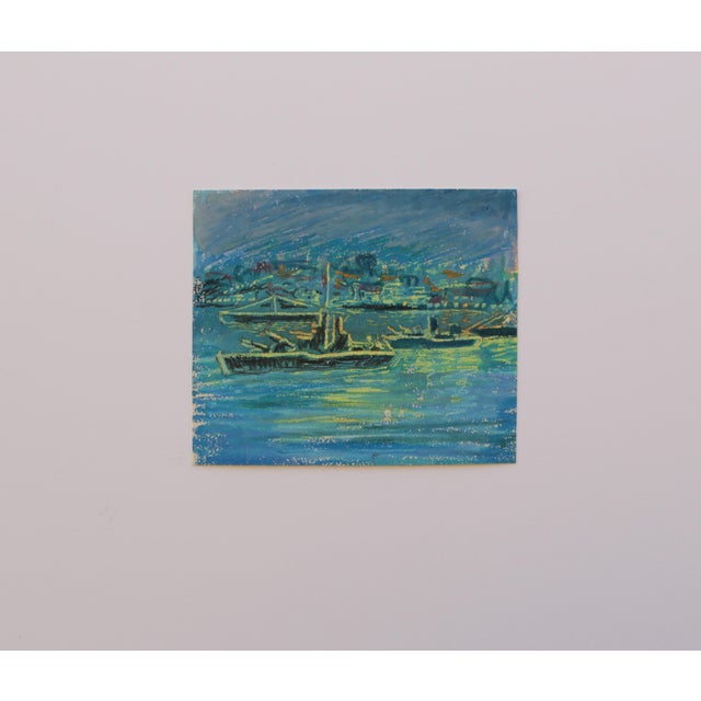 Mid-Century Modern 1951 Swedish Outsider Folk-Art Original Drawing of Military War Ships in Harbour in Oil Pastels in Blue, Green & Yellow For Sale - Image 3 of 7