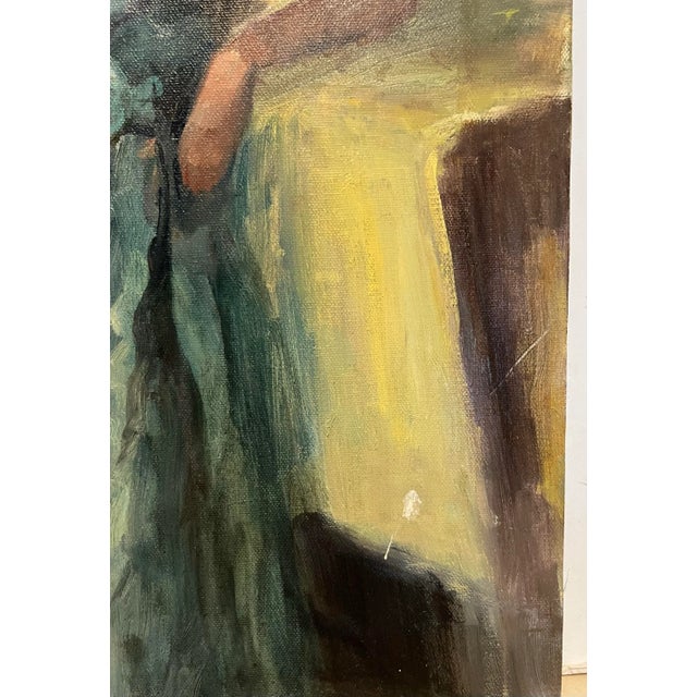 Wood Vintage Barbara Lebhar Oil on Canvas of a Young Lady in a Blue Dress Titled Mood Indigo For Sale - Image 7 of 8