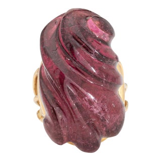 Vintage Carved Pink Tourmaline 18k Yellow Gold Large Cocktail Ring Size 4 For Sale
