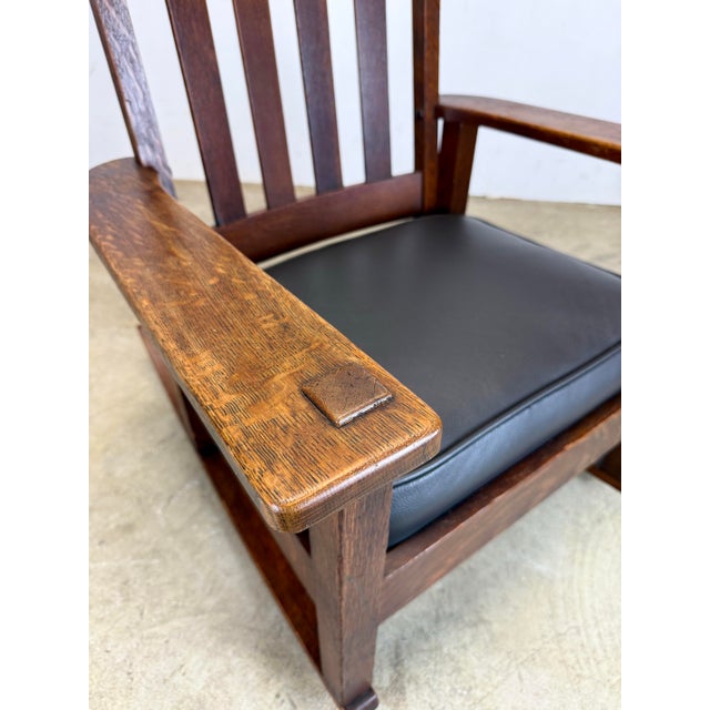 Brown Antique Stickley Brothers Mission Oak Arts & Crafts Rocking Chair New Leather Seat For Sale - Image 8 of 12