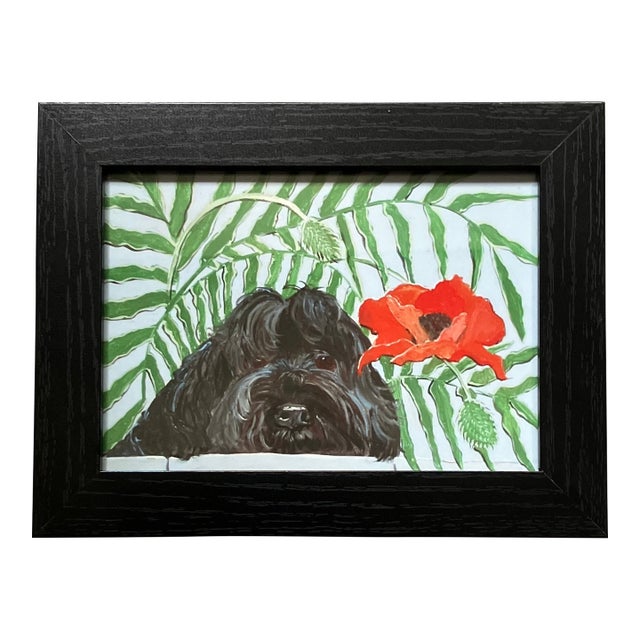 Contemporary Portuguese Water Dog With Poppy Small Dog Print by Judy Henn Tabletop Frame For Sale