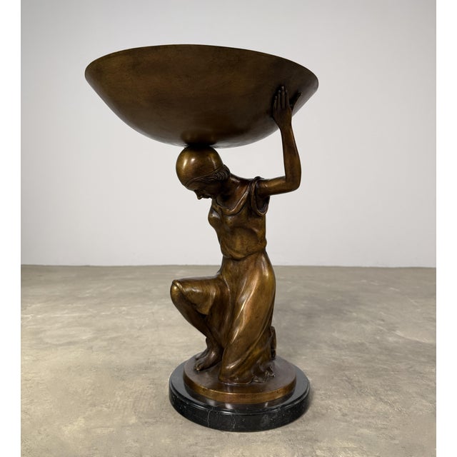 Metal Bronze Female Figure, Centerpiece Bowl / Tray on Marble - 21” H For Sale - Image 7 of 10