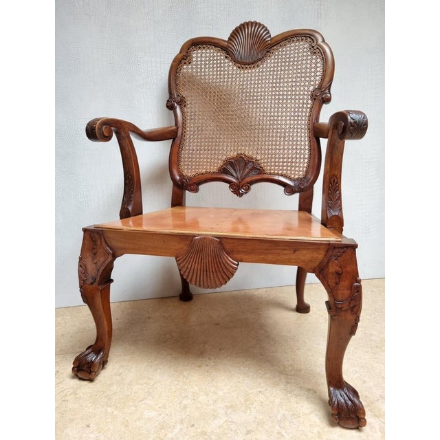 Chippendale Bergere Armchair in Carved Mahogany with Caned Backrest and Lion's Claw and Ball For Sale - Image 6 of 18
