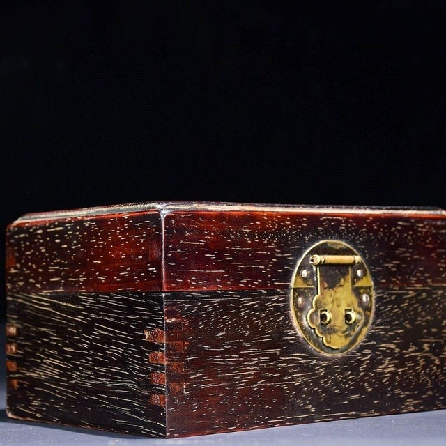 Brown Vintage Rosewood Box With Mother-of-Pearl Inlay of a Boy With Lotus - Jewelry Box For Sale - Image 8 of 8