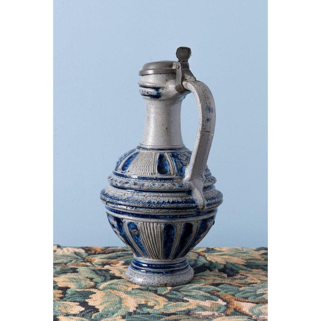 Salt-Glazed Mascaron Jug with Pewter Lid from Westerwald, 19th Century For Sale - Image 3 of 10