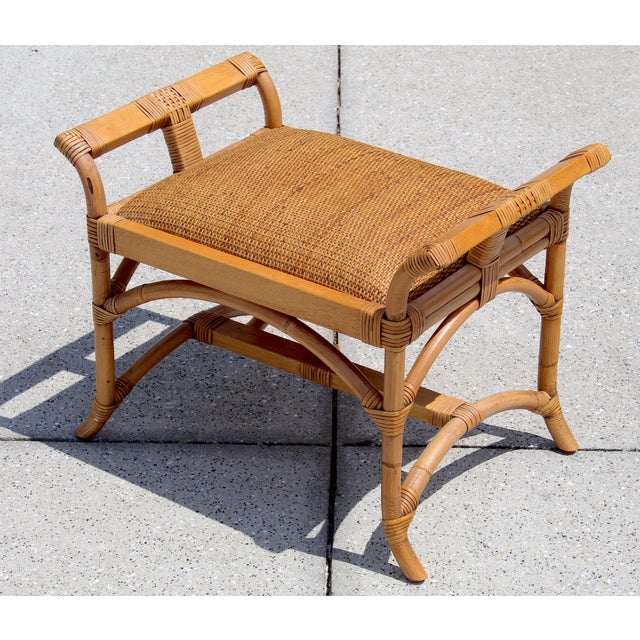 Almond Handwoven Rattan & Bamboo Pagoda-Style Ottoman / Bench – Boho Coastal Charm For Sale - Image 8 of 13