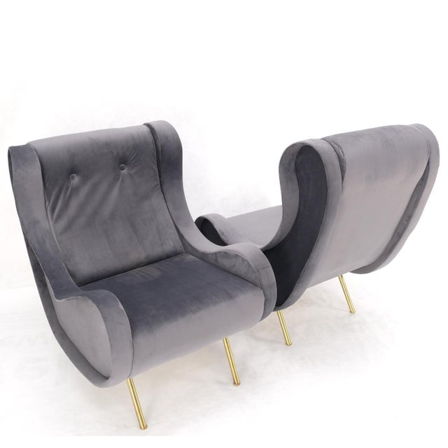 Pair Italian Mid-Century Modern Brass Legs Grey Arm Lounge Chairs For Sale - Image 12 of 17