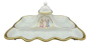 Antique Porcelain Desk Set with Burgundy Inkwell and Miniature Painting from Limoges