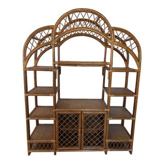 1970s Etagere Pagoda Style Bamboo Rattan Entertainment Center Bookcase For Sale