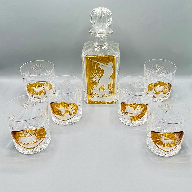 Vintage Bohemian Crystal Hunting Scene Decanter Set, 1970s, Set of 7 For Sale - Image 10 of 10