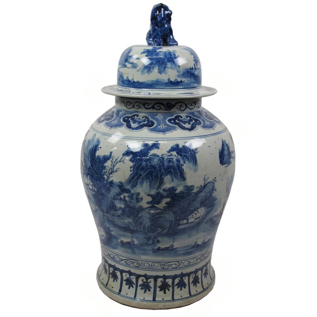 2020s Large Chinese Blue & White Porcelain Ginger Jar With Foo Dog Lid For Sale - Image 5 of 13