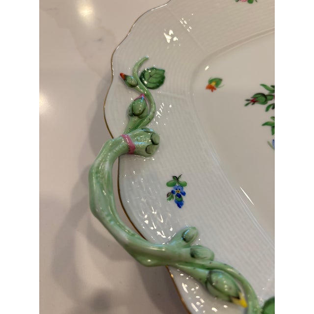 Herend Her End Hand-Painted Floral Porcelain Square Tray With Applied Leaf Handles For Sale - Image 4 of 7