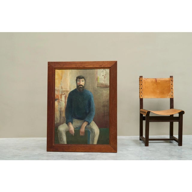 1960s Belgian Artist, Portrait of a Sitting Man, 1964, Oil and Tempera Paint on Canvas For Sale - Image 5 of 12