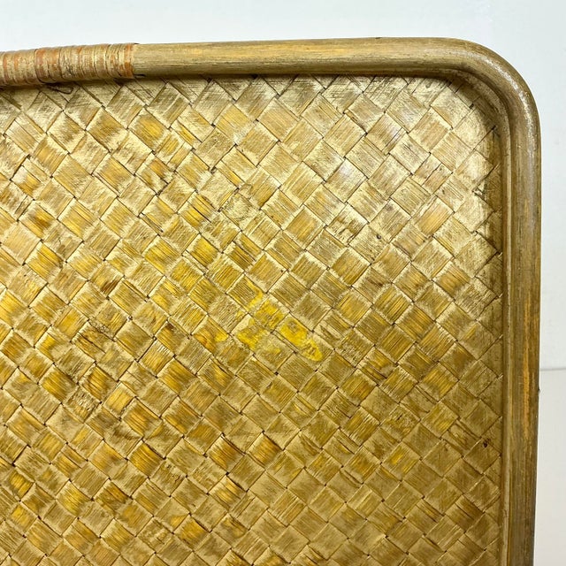 Gold Mid-Century Boho Chic Coastal Gold Gilt Washed Wicker and Bentwood Tray For Sale - Image 8 of 15
