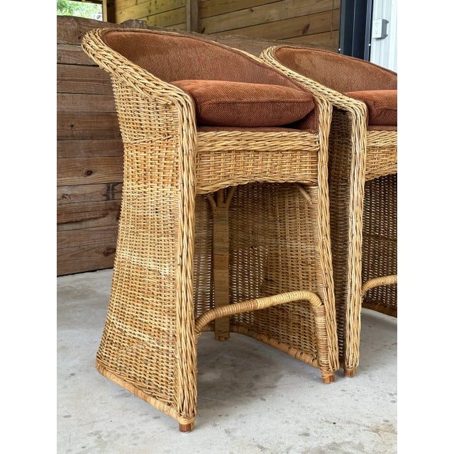 Pair 1980’s Coastal Large Braid Rattan Bar Stools For Sale - Image 9 of 11
