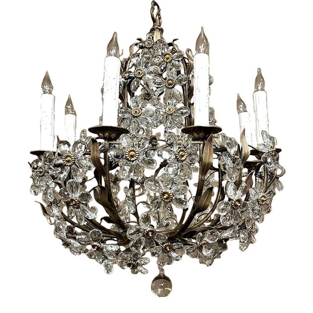 Mid-Century Italian Brass & Crystal Flower Chandelier For Sale