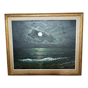 1980s Coastal Ocean by Moonlight Night Oil Painting by Louise Frank
