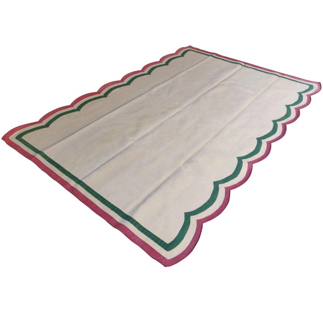Handmade Cotton Scalloped Rug, Cream with Green and Raspberry Border 6'x9' For Sale - Image 9 of 9