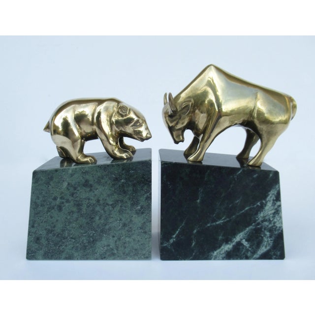 Vintage C.1970's Solid Brass Bear & Bull Wallstreet Bookends Mounted on Green Veined Marble Bases For Sale - Image 4 of 13
