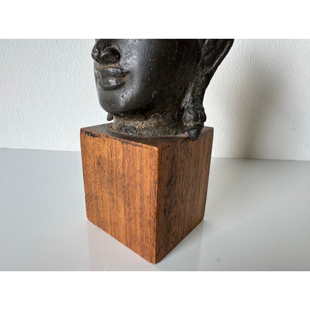 Wood 1970’s Vintage Cast Bronze Buddha Head Sculpture on Wood Stand For Sale - Image 7 of 11
