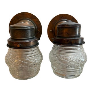 Mid 20th Century Outdoor Wall Sconces With Diamond Glass Pattern - a Pair For Sale
