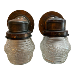 Mid 20th Century Outdoor Wall Sconces With Diamond Glass Pattern - a Pair