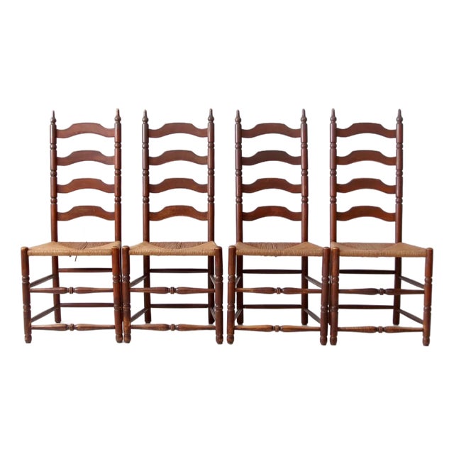 Set of 4 Antique Ladder Back Chairs With Rush Seats For Sale