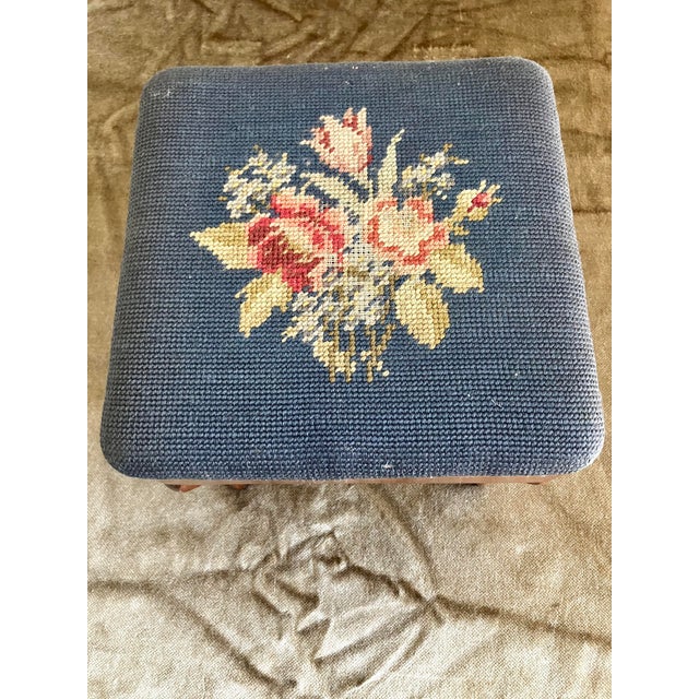 French Country Antique French Country Style Mahogany Footstool With Floral Needlepoint Cushion For Sale - Image 3 of 14