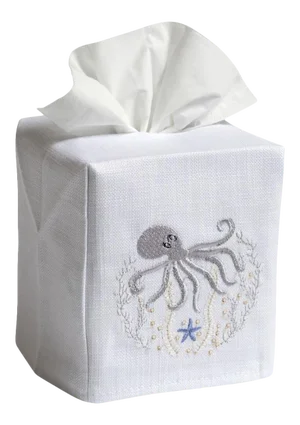 Pewter Octopus Tissue Box Cover in White Linen & Cotton, Embroidered