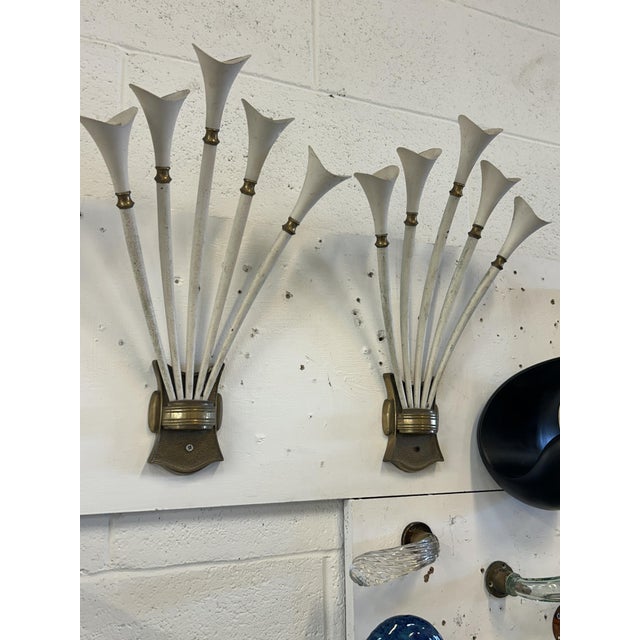 Vintage White Wall Lights in Brass, 1950, Set of 2 For Sale - Image 4 of 11
