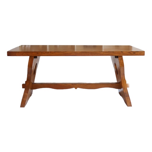 French Brutalist Dining Table in Wood with Sculpted Sledge Base, 1960s For Sale