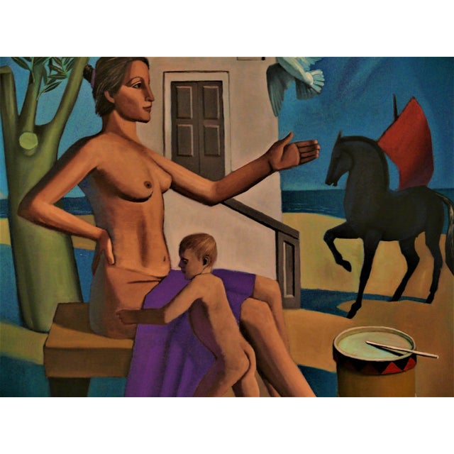 A mother and child placed in an evocative archaic world Oil on canvas, signed