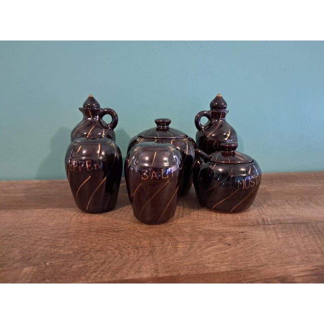 Mid-Century Modern Brown With Gold Accent Condiment Set of 6 Fred Roberts Company For Sale - Image 9 of 15