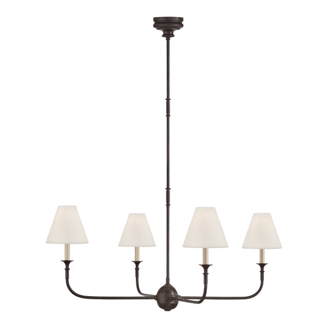 Thomas O'Brien for Visual Comfort Signature Piaf Large Chandelier in Aged Iron & Ebonized Oak with Linen Shades For Sale
