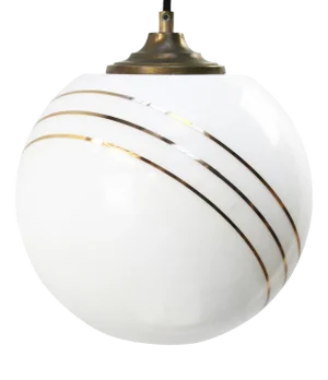 Vintage European Opaline Glass & Brass Top Gold Striped Globe Pendant Light