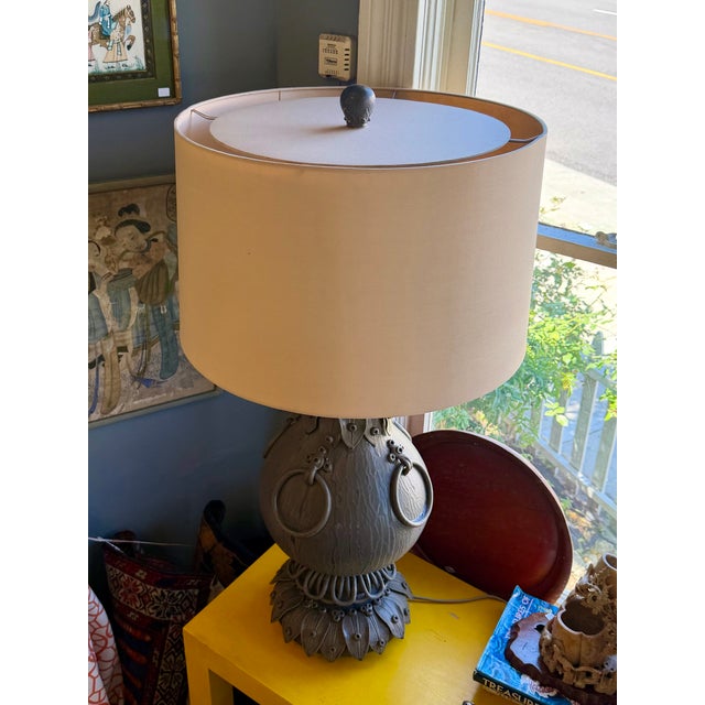 Brutalist Barry Dixon for Arteriors Large Ceramic Urn Table Lamp and Shade Large deep brownish grey ceramic urn shaped...
