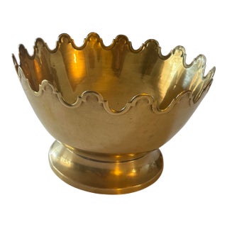 Mid 20th Century Solid Brass Pedestal Bowl With Scalloped Crown Rim For Sale